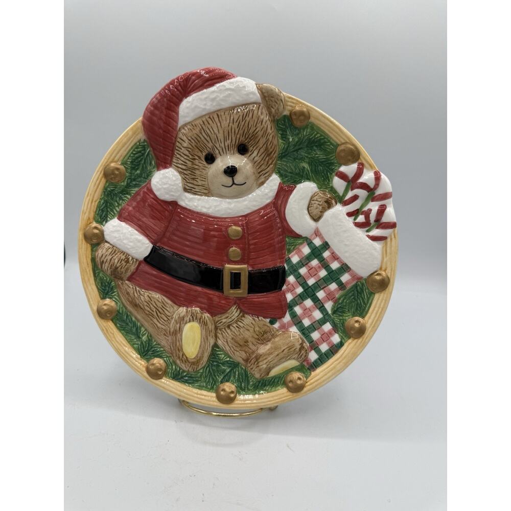 Lotus 1997 Christmas Bear Plate – Ceramic Wall Decor – Santa Stocking Holiday